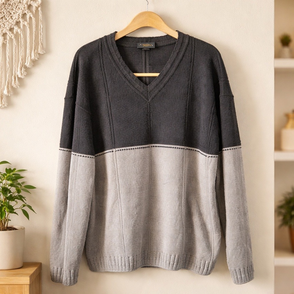Cortina Mens XXL V-Neck Sweater Black Taupe‎ Colorblock Merino Wool Blend Italy